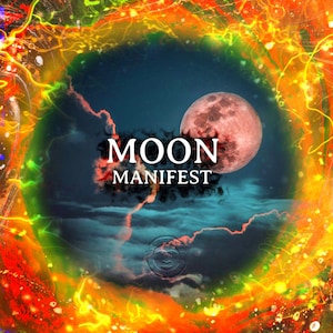 May include: A vibrant, colourful image with a large, pink moon in the centre. The moon is surrounded by a swirling, abstract design of yellow, orange, and green colours. The text "MOON MANIFEST" is written in white letters below the moon.