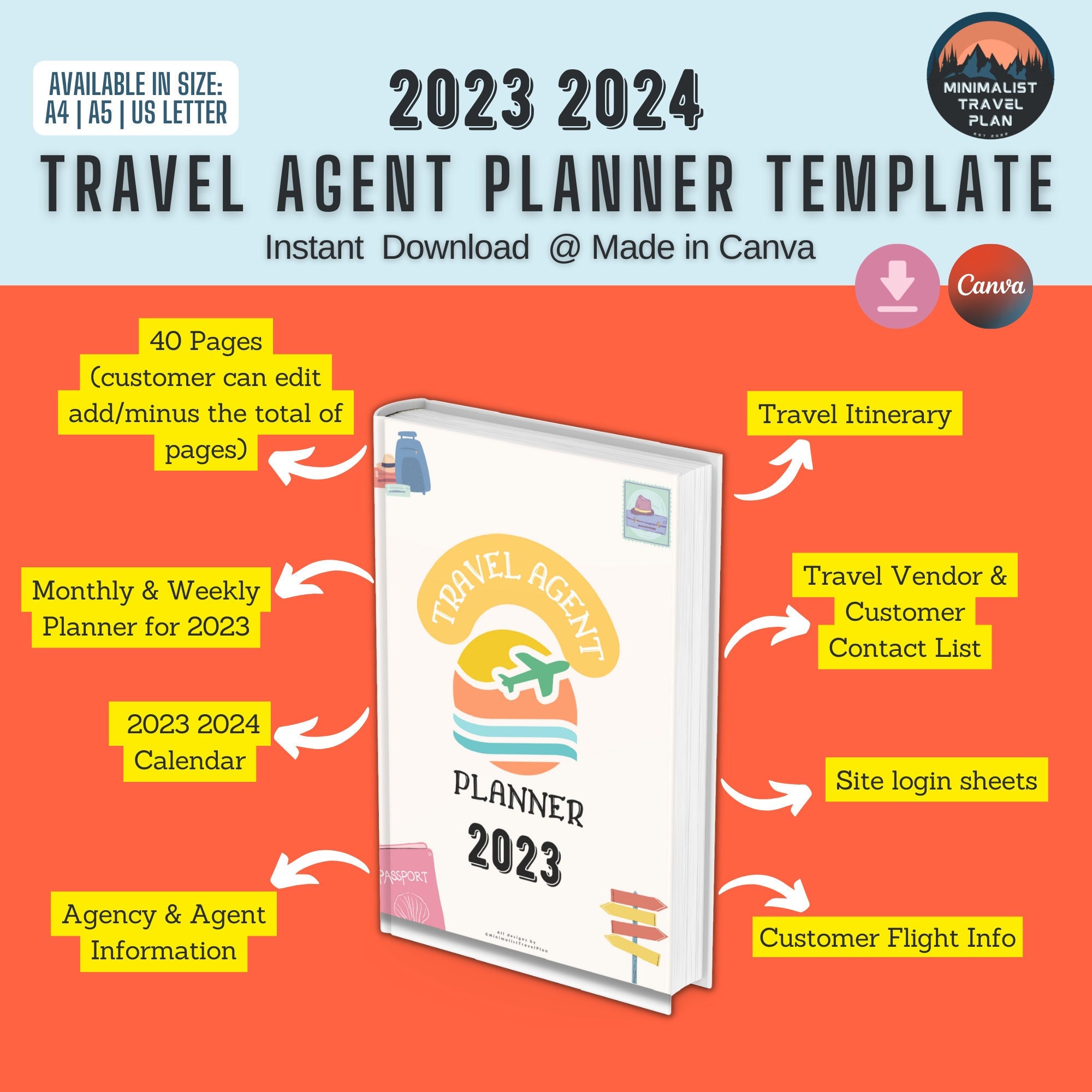 2023 Travel Agent Planner Templates Printable or Full Editable Etsy