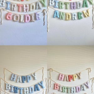 K&ouml;nnte beinhalten: Ein Set aus vier Stoff-Buchstabenbannern mit ausgestopften, mehrfarbigen und gemusterten Buchstaben, die an B&auml;ndern aufgereiht sind. Die Banner zeigen die Schriftz&uuml;ge "HAPPY BIRTHDAY GOLDIE", "HAPPY BIRTHDAY ANDREW", "HAPPY BIRTHDAY NOAH" und "HAPPY BIRTHDAY WILLA".