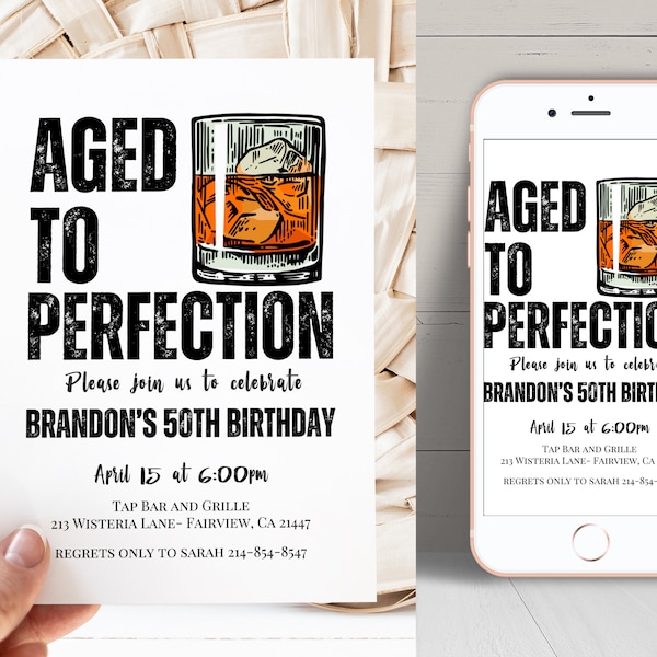 Editable Aged to Perfection Whiskey Birthday Invitation Template, Men's Cocktail Invite, Instant Download, Digital Invite, KP636