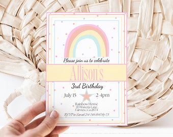 Editable Rainbow Birthday Invitation Template, Pastel Rainbow Party Invite, Instant Download, Digital Invite, KP198