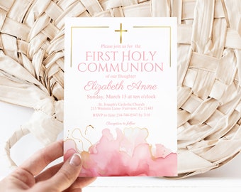 Invitación editable de primera comunión de niña con acuarela rosa y cruz dorada católica, plantilla, descarga instantánea, invitación digital, KP504