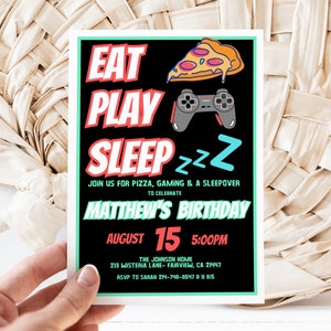 Editable Boy&#39;s Gaming Sleepover Birthday Invitation, EAT PLAY SLEEP Gamer Sleepover, Instant Download, Digital Invite, KP297