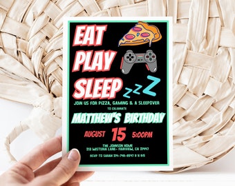 Invitation d'anniversaire modifiable pour une soirée pyjama gaming pour garçon, soirée pyjama pour gamer EAT PLAY SLEEP, téléchargement immédiat, invitation numérique, KP297