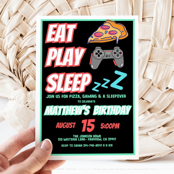 Editable Boy's Gaming Sleepover Birthday Invitation, EAT PLAY SLEEP Gamer Sleepover, Instant Download, Digital Invite, KP297