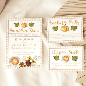 May include: A set of baby shower invitations and cards with a fall theme. The main invitation reads "Pumpkin Spice and Everything Nice" with details for Amanda Baker's baby shower. Additional cards request books and a diaper raffle.