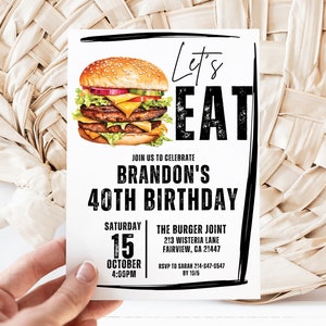 Editable Let&#39;s Eat Cheeseburger Barbeque Adult Birthday Invitation Template, Let&#39;s Eat Invite, Instant Download, Digital Invite, KP390