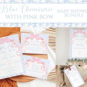 Conjunto de chá de bebê azul chinoiserie editável com laço rosa, Preppy Southern, fita rosa, toile azul claro, download instantâneo, digital, KP582