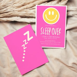May include: Pink invitation card with a yellow smiley face and the text "You're invited to a SLEEP OVER Claire's 12th Birthday Friday, April 7 at 100 PM The Dean Residence 620 Plantation Place Blvd, 12, 378, FL, 1986 RSVP to Sarah 340 876 564 15 4.25"