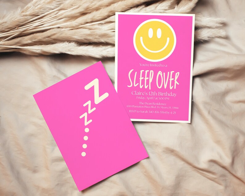 May include: Pink invitation card with a yellow smiley face and the text "You're invited to a SLEEP OVER Claire's 12th Birthday Friday, April 7 at 100 PM The Dean Residence 620 Plantation Place Blvd, 12, 378, FL, 1986 RSVP to Sarah 340 876 564 15 4.25"