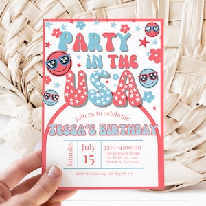 Editable Patriotic Red White and Blue Party in the USA Birthday Invitation Template, Retro Birthday, Digital Invite, Instant Download, KP255
