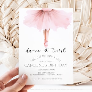 Invito per festa di compleanno modificabile con ballerina danzante e volteggiante, invito di balletto minimalista con tutù, download immediato, invito digitale, KP608