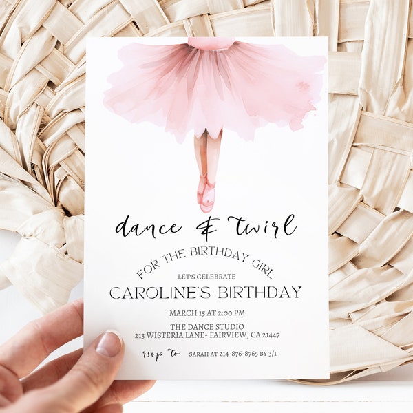 Editable Ballerina Dance and Twirl Birthday Party Invitation, Minimal Tutu Ballet Invite, Instant Download, Digital Invite, KP608