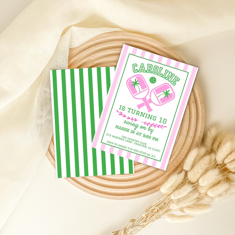 Editable Pink and Green Preppy Girl's Pickleball Birthday Invitation and Coordinating Favor Tag, Instant Download, Digital Invite, KP588 image 3