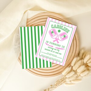 Editable Pink and Green Preppy Girl's Pickleball Birthday Invitation and Coordinating Favor Tag, Instant Download, Digital Invite, KP588 image 2