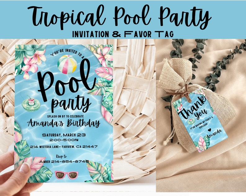 Editable Tropical Pool Party Invitation Template, Tropical Palm Leaves ...