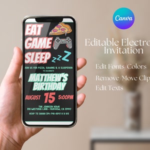 Editable Electronic Animated Boys EAT GAME SLEEP Birthday Invitation Template, Digital Boys Gaming Sleepover Invite, Instant Download, KP347