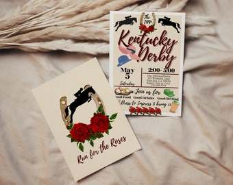 May include: A beige invitation card featuring a black silhouette of a jockey riding a horse leaping over a horseshoe. The horseshoe is adorned with red roses. The text "Run for the Roses" is printed beneath the image.