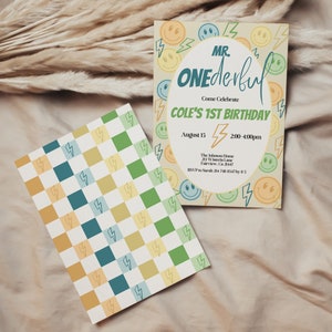 May include: A yellow and green birthday invitation with a checkered pattern background. The invitation says "Mr. One-derful" and "Cole's 1st Birthday" with a smiley face pattern and lightning bolt accents.