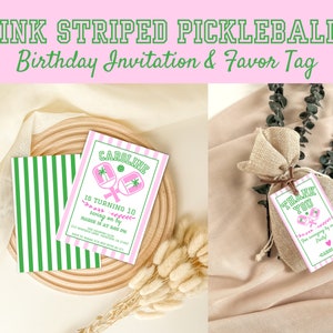 Editable Pink and Green Preppy Girl's Pickleball Birthday Invitation and Coordinating Favor Tag, Instant Download, Digital Invite, KP588 image 1