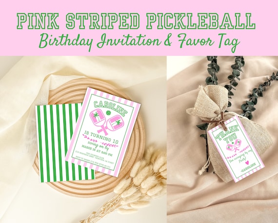 Editable Pink and Green Preppy Girl's Pickleball Birthday Invitation and Coordinating Favor Tag, Instant Download, Digital Invite, KP588