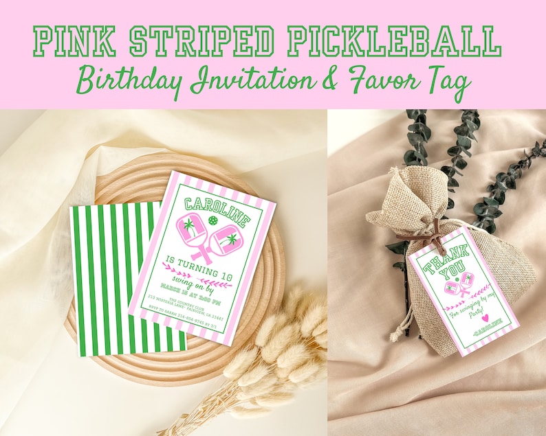 Editable Pink and Green Preppy Girl's Pickleball Birthday Invitation and Coordinating Favor Tag, Instant Download, Digital Invite, KP588 image 1
