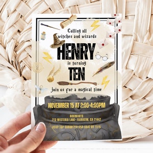 May include: A party invitation with a magical theme. The invitation features the text "Calling all witches and wizards" and "HENRY is turning TEN". The design includes illustrations of a wizard hat, lightning bolts, and a cauldron.