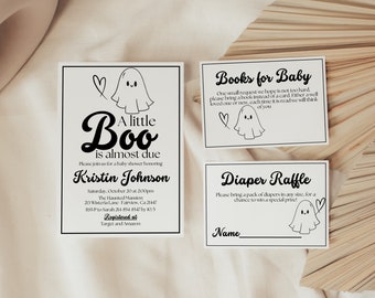 Paquete de invitaciones editables para baby shower con temática de Halloween de A little Boo is Almost Due, fantasma espeluznante, descarga instantánea, invitación digital, KP418