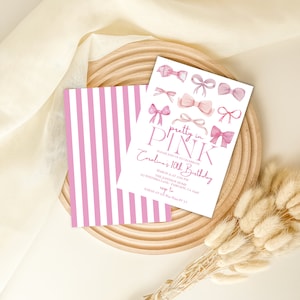 Editable Pretty In Pink Girl's Birthday Party Invitation, Pink Bow Coquette, Preppy, Instant Download, Digital Invite, KP591