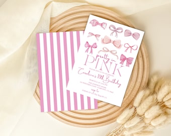 Editable Pretty In Pink Girl's Birthday Party Invitation, Pink Bow Coquette, Preppy, Instant Download, Digital Invite, KP591