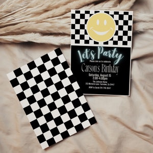 Editable Black and White Smile Face Birthday Invitation Template, Black and White Checkered Invite, Instant Download, Digital, KP249