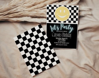 Plantilla editable de invitación de cumpleaños con cara sonriente en blanco y negro, invitación a cuadros en blanco y negro, descarga instantánea, digital, KP249
