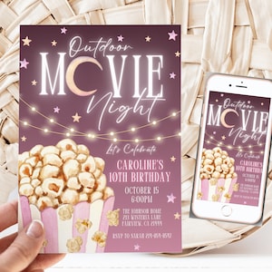 Plantilla editable de invitación para una noche de cine al aire libre, fiesta de cumpleaños con cine bajo las estrellas, descarga instantánea, invitación digital, KP424