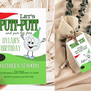 May include: A green and white invitation for a birthday party with a golf theme. The invitation says "Let's Putt-Putt and par-tee fore Dylan's Birthday." The invitation also includes the date and time of the party, the location, and the RSVP information.