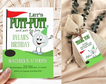 Invitación editable "Let's Putt Putt Golf" y etiqueta de recuerdo a juego, cumpleaños de minigolf, descarga instantánea, invitación digital, KP445