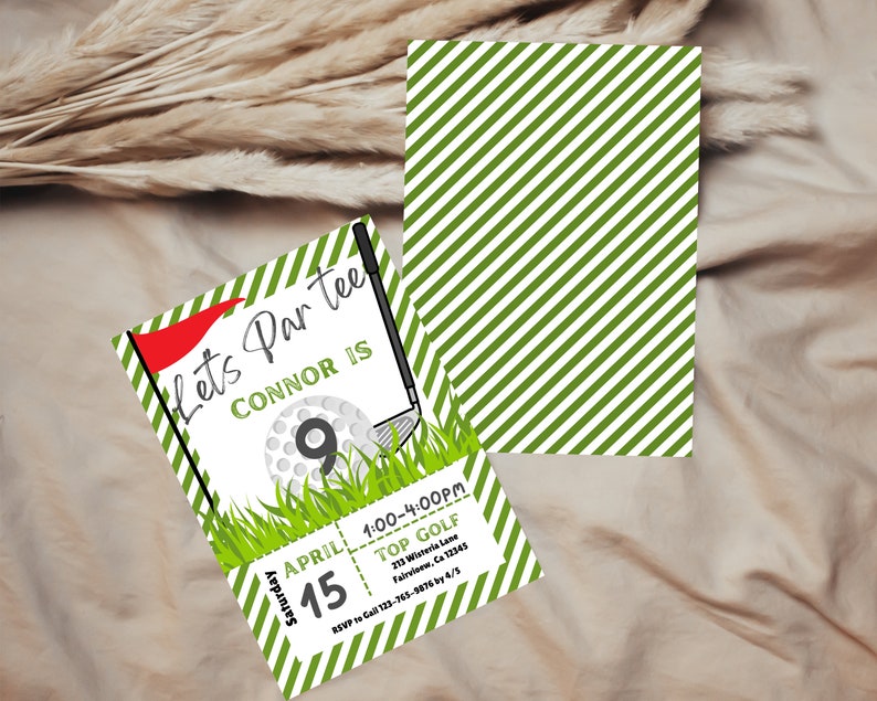 May include: Green and white striped invitation for a golf-themed party. The invitation says "Let's Par Tee" and "Connor is 9". The invitation includes a golf ball and a golf club. The invitation also includes the date, time, and location of the party.