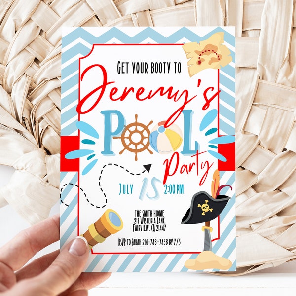 Editable Boy's Pirate Pool Party Birthday Invitation Template, Pool Party Invite, Instant Download, Digital Invite, KP272