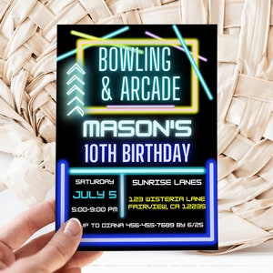 Bowling and Arcade Birthday Invitation, Bowling Invite, Arcade Invite, Bowling Party, Instant Download, Digital Invite, KP48