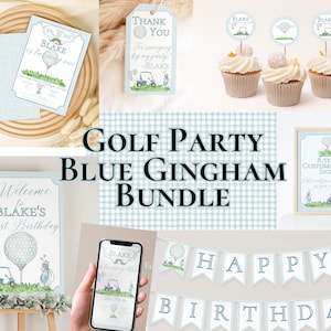 Edytowalne szablony na urodzinowy pakiet golfowy dla chłopców w kratkę gingham, pakiet imprezowy Preppy Blue Golf, natychmiastowe pobieranie, cyfrowe, KP346