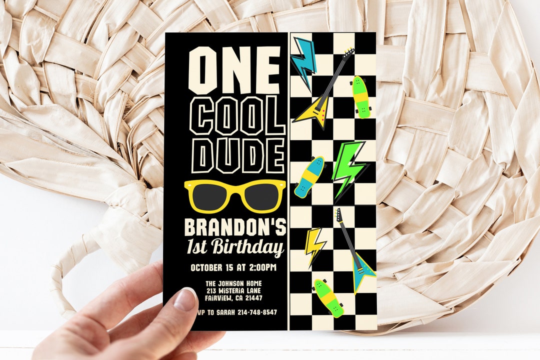Editable ONE Cool Dude Black and White Checkered Birthday Invitation ...