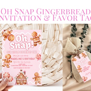 Editable Oh Snap Gingerbread Cookie Birthday Invitation Template and Coordinating Favor Tag, Holiday 1st Birthday, Instant Download, KP450