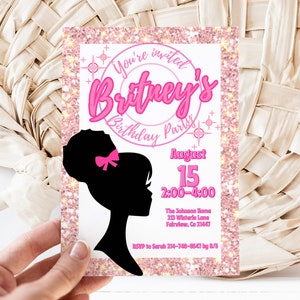 Editable Fashion Doll Hot Pink Glitter Birthday Invitation Template, Black Doll Party Invite, Instant Download, Digital Invite, KP342
