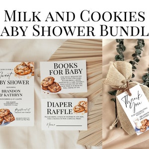 Editable Milk and Cookies Sweet Baby Shower Bundle, Invitation Diaper Raffle Books for Baby, Instant Download, Digital Invite, KP449