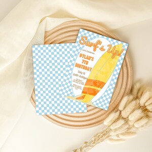 Editable Surf&#39;s Up Blue Checkered Preppy Surfing Birthday Invitation Template, Surfboard Invite, Instant Download, Digital Invite, KP313