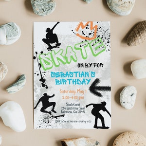Edytowalny szablon zaproszenia na urodziny Skate on, zaproszenie na urodziny Skateboard, natychmiastowe pobranie, zaproszenie cyfrowe, KP102