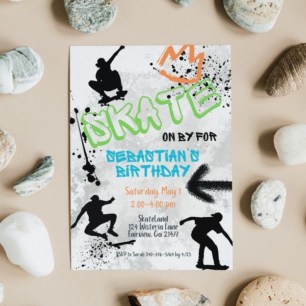 Editable Skate on by Birthday Invitation Template, Skateboard Birthday Invite, Instant Download, Digital Invite, KP102