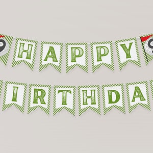 May include: Green and white striped banner with the words "Happy 9th Birthday" in green letters. The number 9 is decorated with a golf ball and flag.