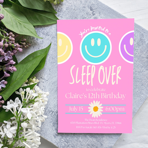 Editable Smile Face Hot Pink Sleepover Invitation Template, Sleepover Birthday Party Invite, Instant Download, Digital KP176