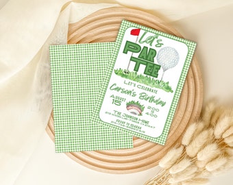 Editable Green Gingham Let's Par-Tee Golfing Birthday Invitation Template, Golf Party Invite, Instant Download, KP352