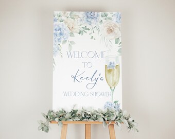 Edytowalny, pasujący znak powitalny na wieczór panieński z płatkami i prosecco, 18 x 24 i 24 x 36, niebieskie kwiaty i prosecco, natychmiastowe pobranie, cyfrowe